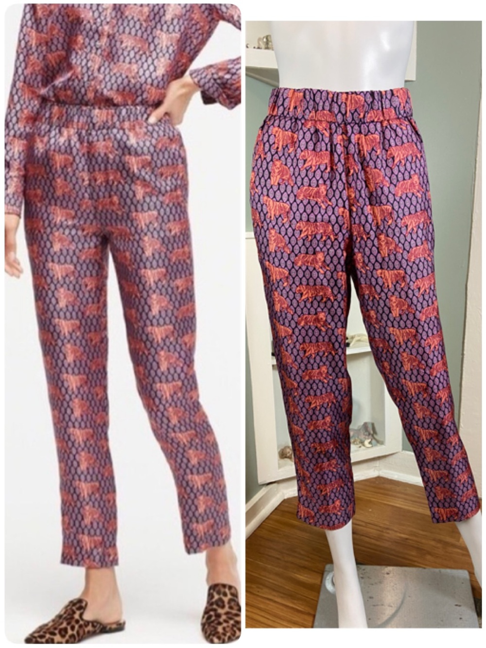 J Crew Collection 100% Silk Novelty Roaming Tiger Printed Cropped Pull On Pants
